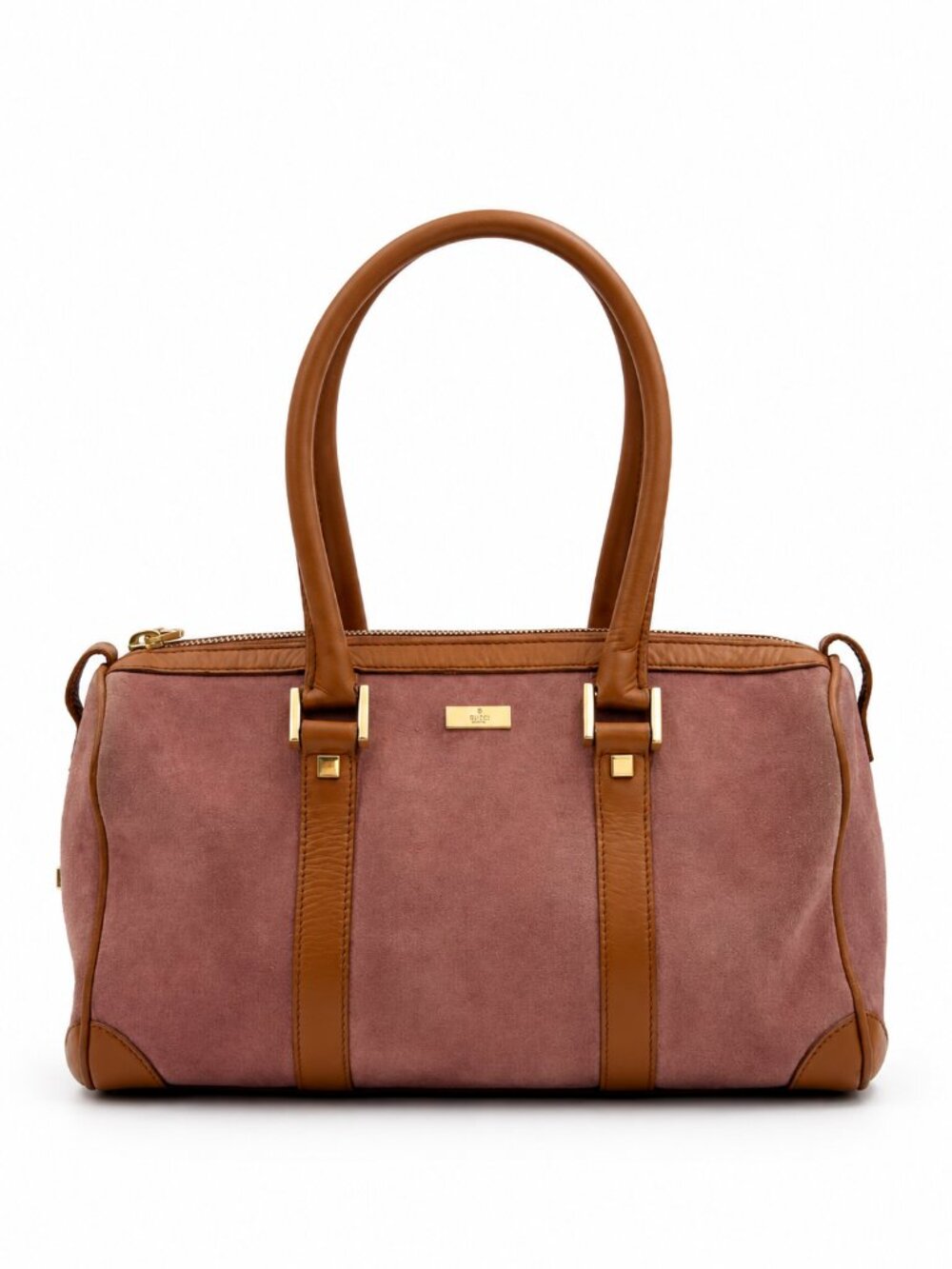 Vintage Gucci Boston Bag Pink Suede Tan Leather Top Handle Satchel
